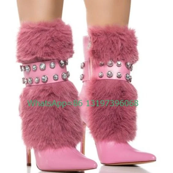 

Lady fur pink rhinestone design calf boots pointed toe side zip feather boots daily causal vintage style fur boots size 35-46