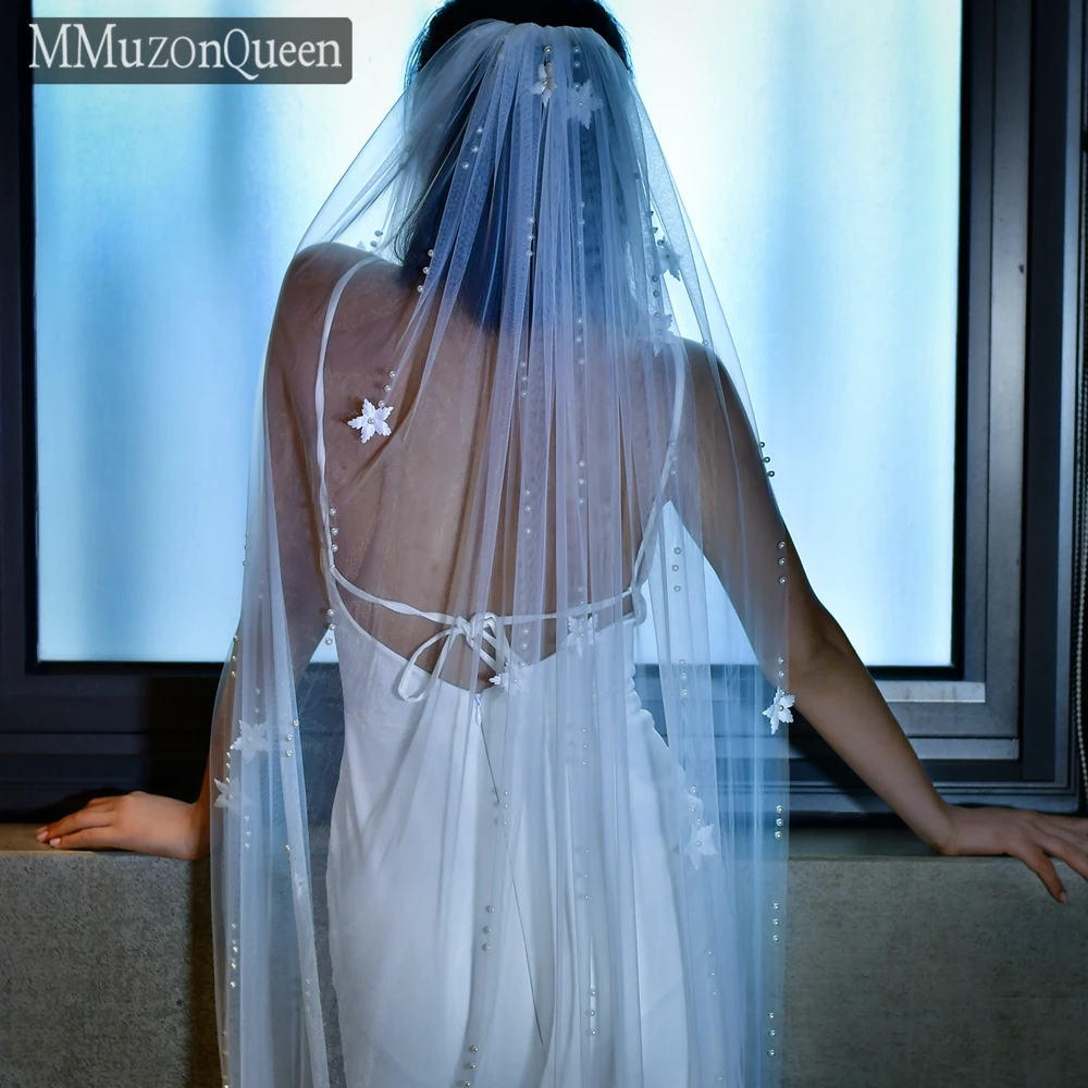 M78 3D Flowers Wedding Veil With Pearls Long Beaded Bridal Veil With Comb Handmade Veil Mantilla For Girlfriend