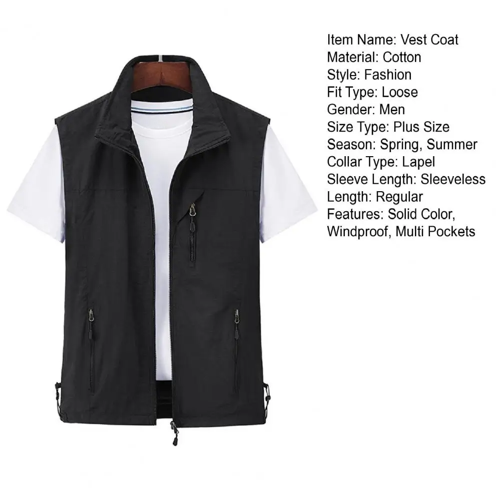 Description Picture 4 of itemLapel Sleeveless Vest Coat Multiple Pockets Zipper Placket Waterproof Men Cargo Mountaineering Waistcoat