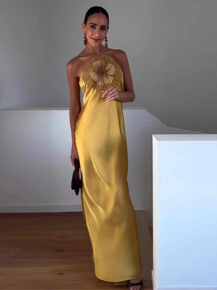 Women Elegant Chest Diamond Flower Halter Dress Backless Sexy Long Dresses Summer 2025 New Fashion Evening Party Dresses