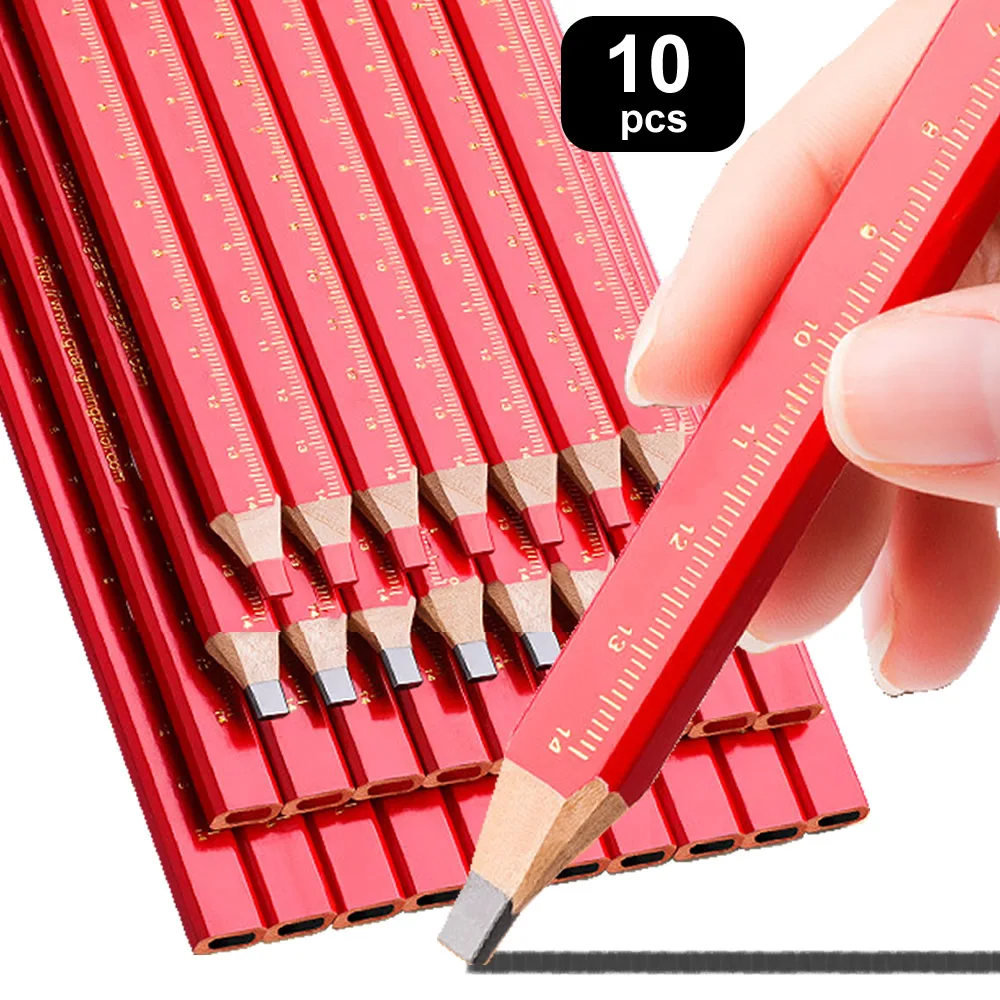 10pcs Woodworking Pencils Site Dedicated Marking Workers Dedicated Flat Head Pen Wood Black Octagon Red Square Drawing Lines 1
