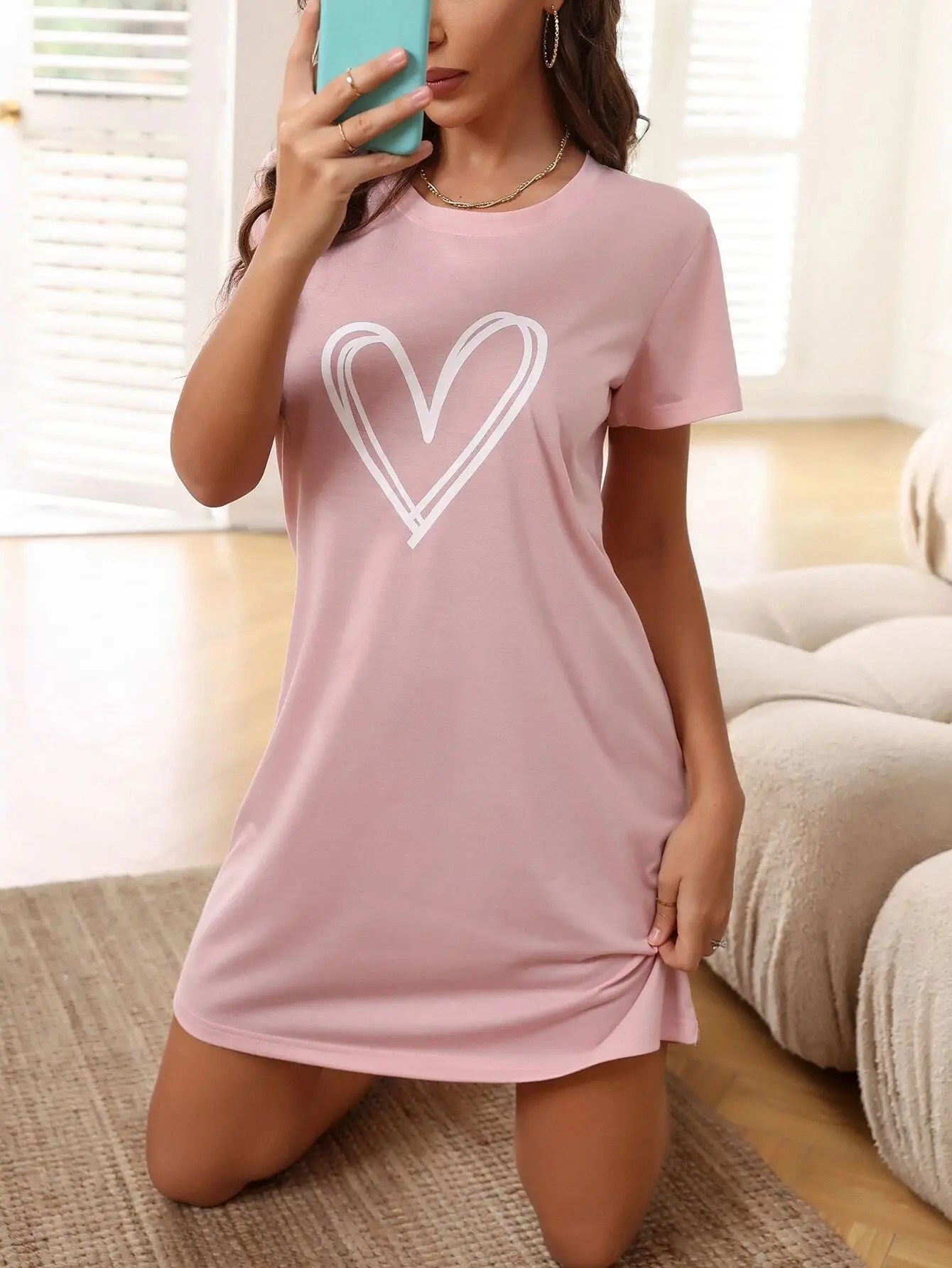 Plus Size Loungewear Nightdress Women's Heart Print Short Sleeve Sexy Crew Neck Home Dress Sexy Nightwear Romantic Ladies