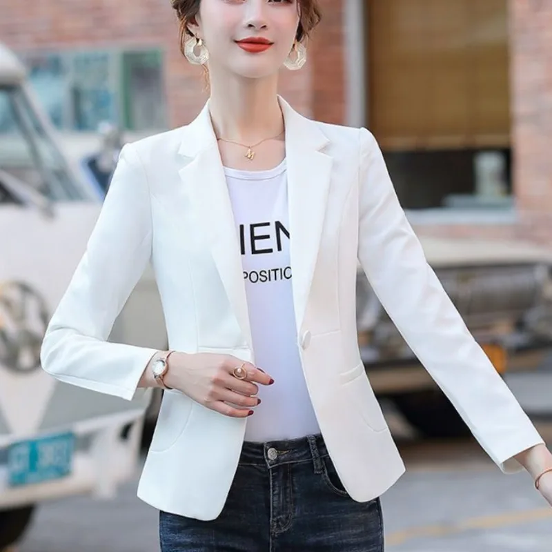 Women's Autumn Winter New Fashion Solid Color Lapel Button Pocket Temperament Commuting Long Sleeved Slim Fit Short Suit Jacket