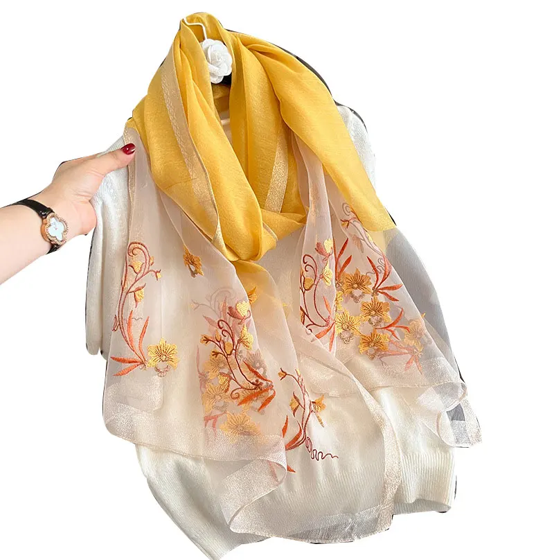 

Шёлковый шерстяной шарф с цветочной вышивкой, шали и палантины для женщин, фуляр, роскошный брендовый хиджаб, новые женские шарфы из пашмины, бандана, пончо