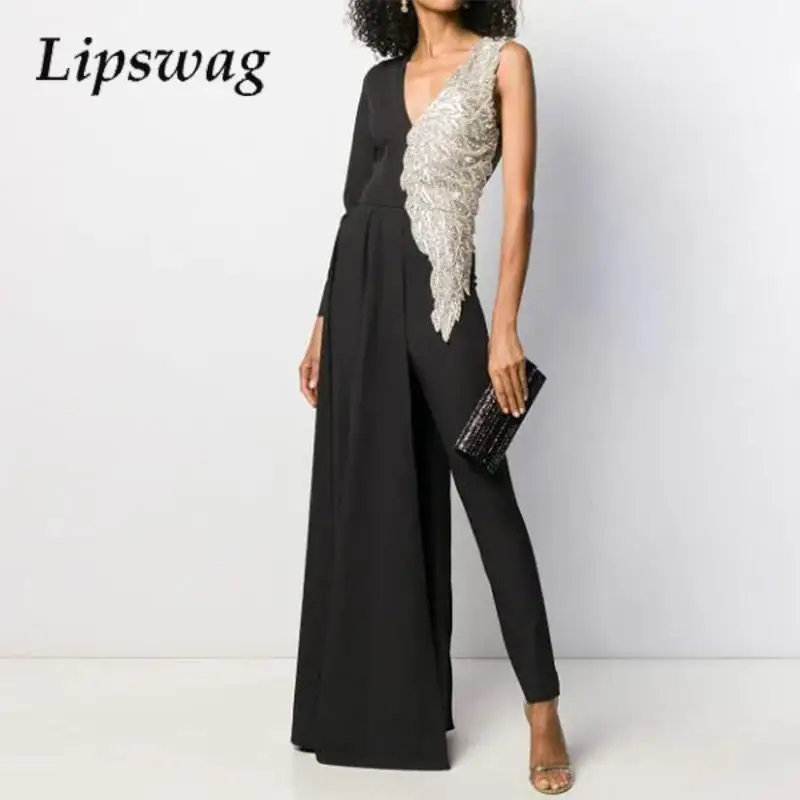 

Women V-Neck Hollow Party Jumpsuit 2023 Casual Waist Long Slim Jumpsuit Fashion New Sequin Splicing Shoulder Long Sleeve Rompers