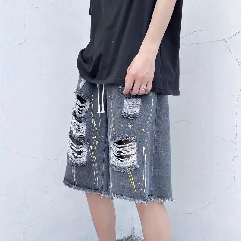 New Hot Sale Of The Season Men's Denim Shorts Five-Quarter Length Beachwear Torn Faded Elastic Casual Summer Shorts for Couples