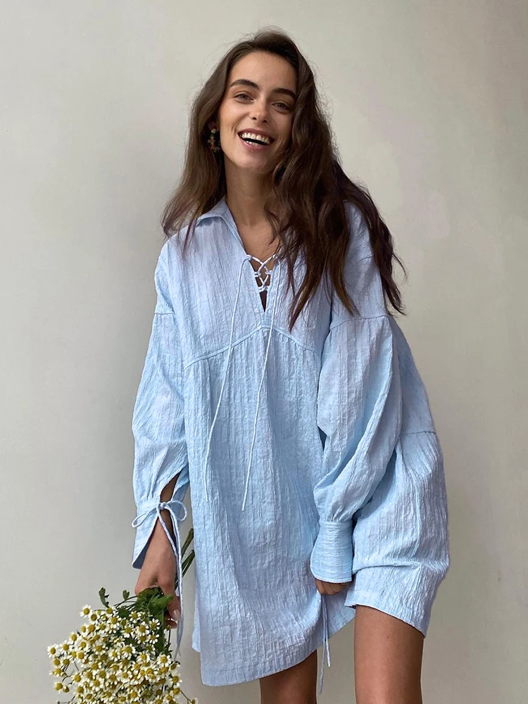 

Однотонная ночная рубашка Hiloc на шнуровке с длинным рукавом, женские ночные рубашки выше колена, сексуальная женская ночная рубашка с лацканами, 2023, женские платья