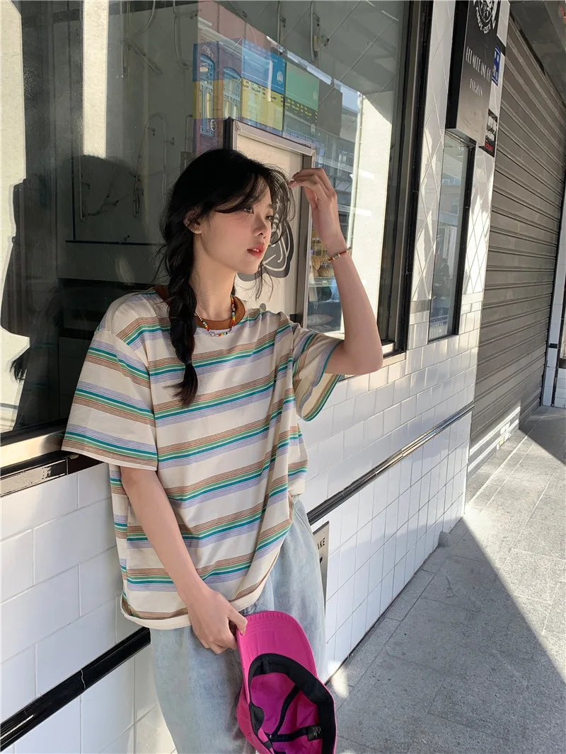 韓国発【JUSTYOUNG】BN Vintage Stripe Short Sleeve Tee/2color New Korean Women's Vintage Contrast Color Stripe Short