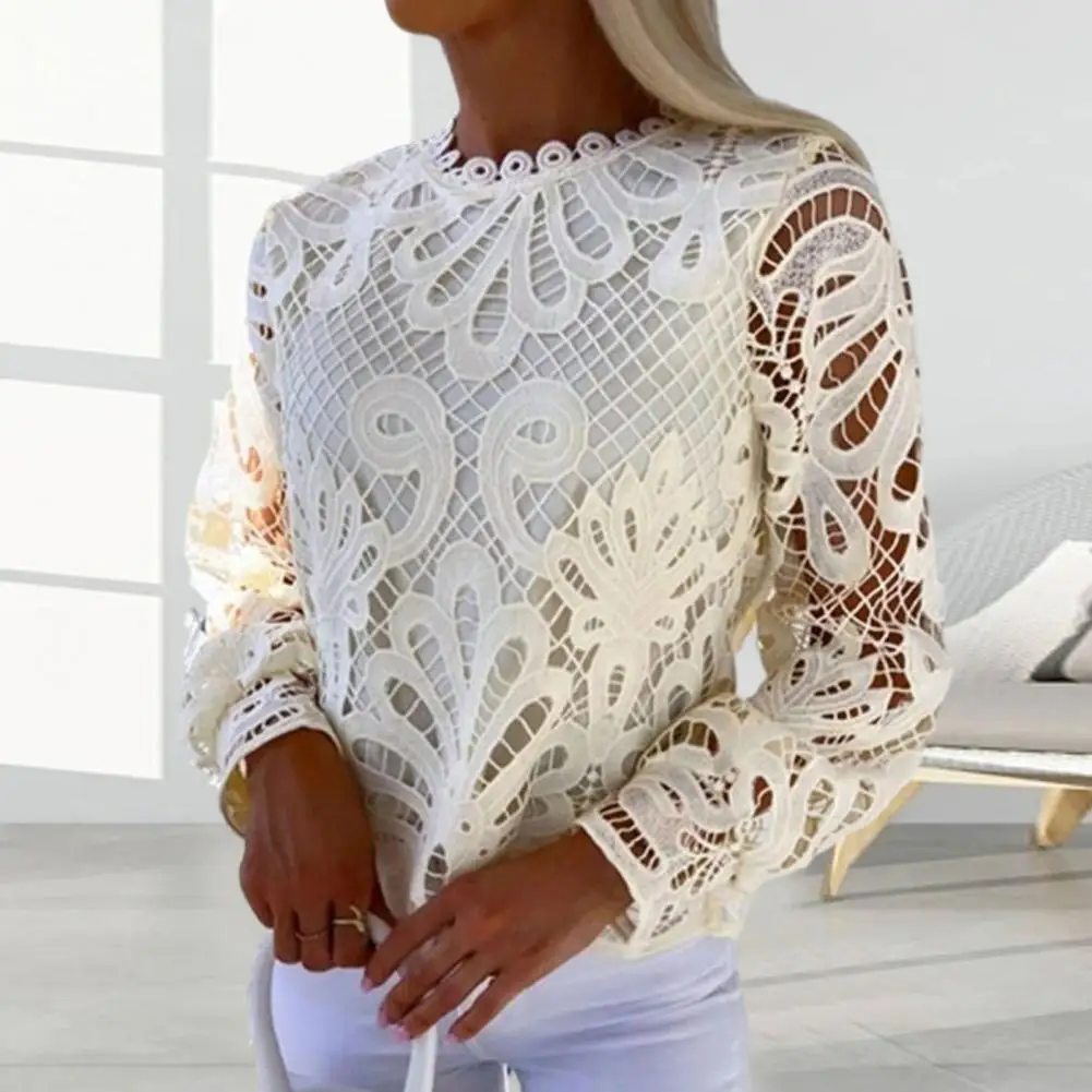 

Long Sleeve Top Elegant Lace Hollow Out Long Sleeve Women's Top Soft Round Neck Patchwork T-shirt for Spring Solid Color Loose