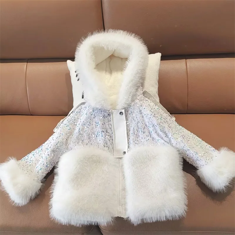 

Girls Coat Jacket Winter Cotton Windbreak 2023 Beautiful Warm Plus Thicken Velvet Furs School Outwear Children's Clothing