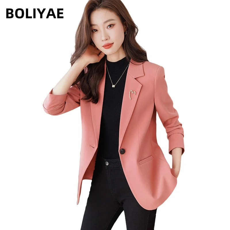 

Boliyae Casual Fashion Blazers Women Elegant Long Sleeve Jacket Coat Sleeve Female Office Lady Outerwear Chic Top Autumn Winter