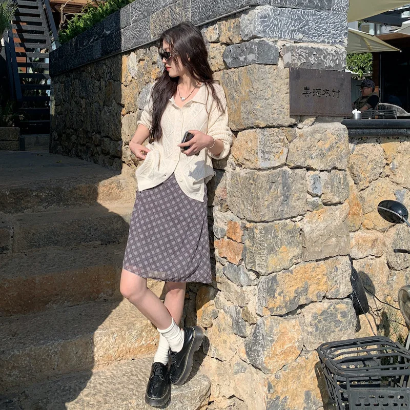 2024 Faldas Mujer De Moda Vintage Skirts for Women High Waist A-line Summer Jupe Korean Fashion Casual Saia Gauze Plaid Skirt