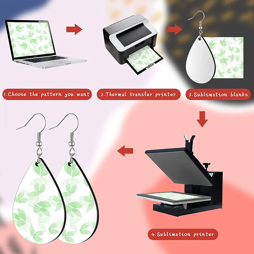 32pcs Sublimation Earring Blank Heat Transfer Wire Hooks Earrings Unfinished Wood Teardrop Earring Pendants with Earring Hooks