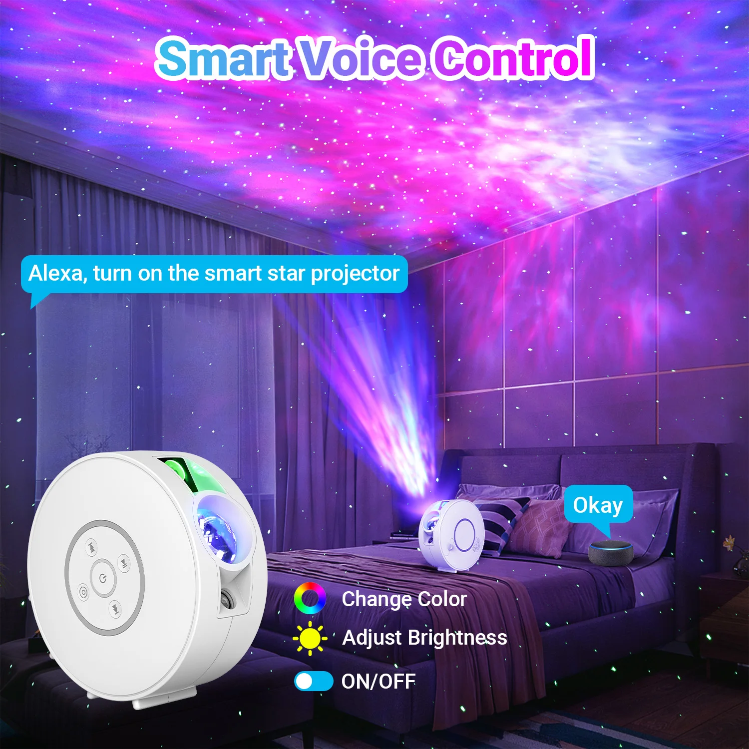 New Tuya WiFi HD Smart Galaxy Star Projector - Voice Control Via Alexa, White No