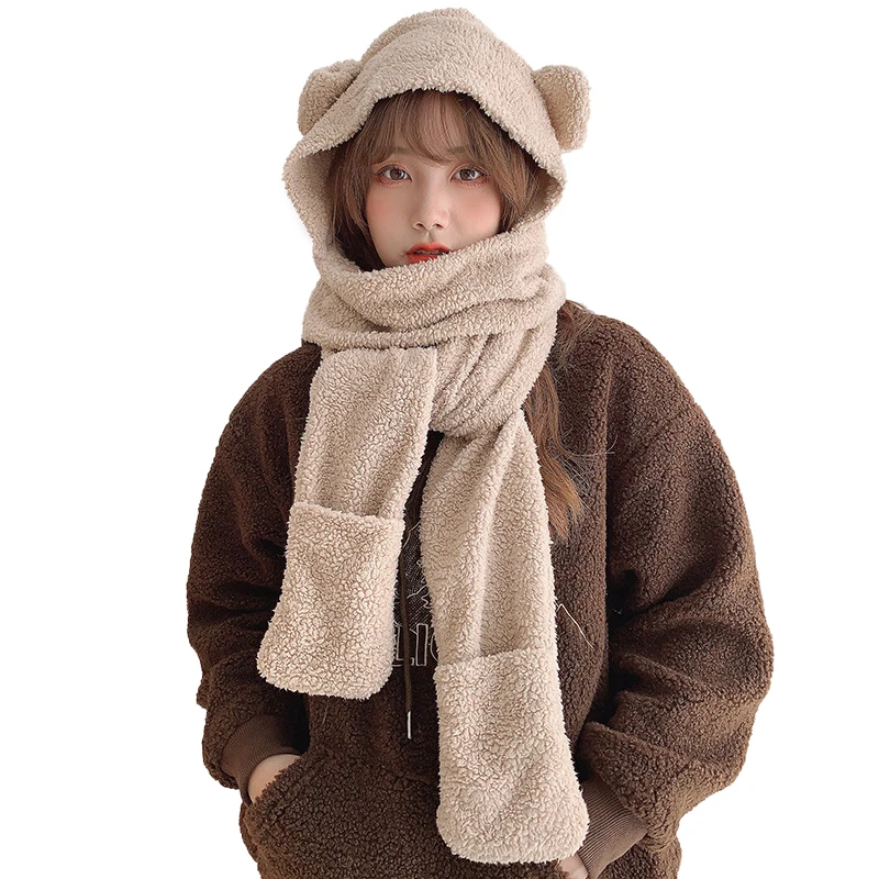 Autumn And Winter Cartoon Cute Bear Hat Scarf Three-in-one Korean Style Hat Warm And Comfortable Ear Protection All-in-one Hat 6
