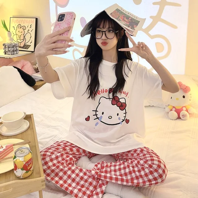 Sanrio Hello Kitty Short Sleeve T-shirts Loose Pants 2 Piece Set Women Cute  Pajamas Y2k Summer Tops Trousers Soft Sleepwear Suit