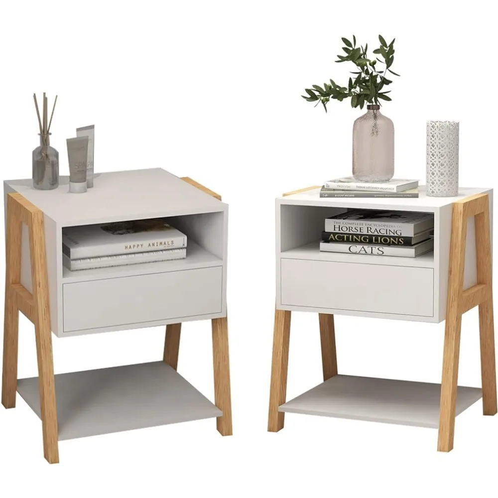 

Nightstand Set of 2 With Drawers and Open Shelves Side Table Sofa Side End Accent Table for Bedroom White Tea Living Room Small