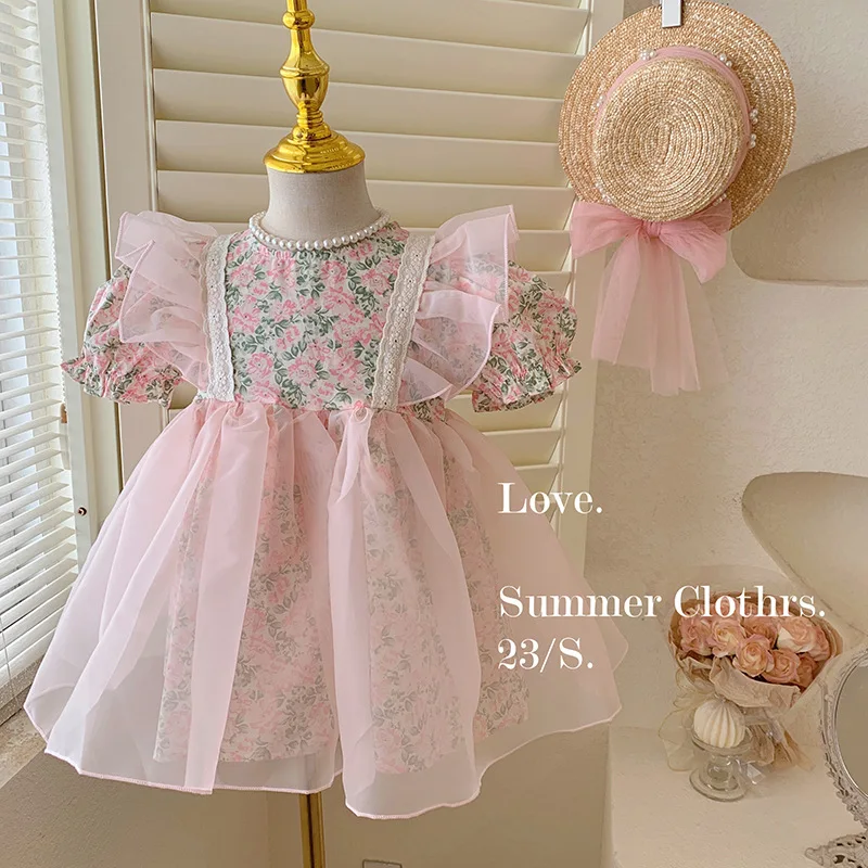 

Birthday party Girl's floral princess tutu dress new fashion casual children's pink bubble sleeves baby cute summer Dresses