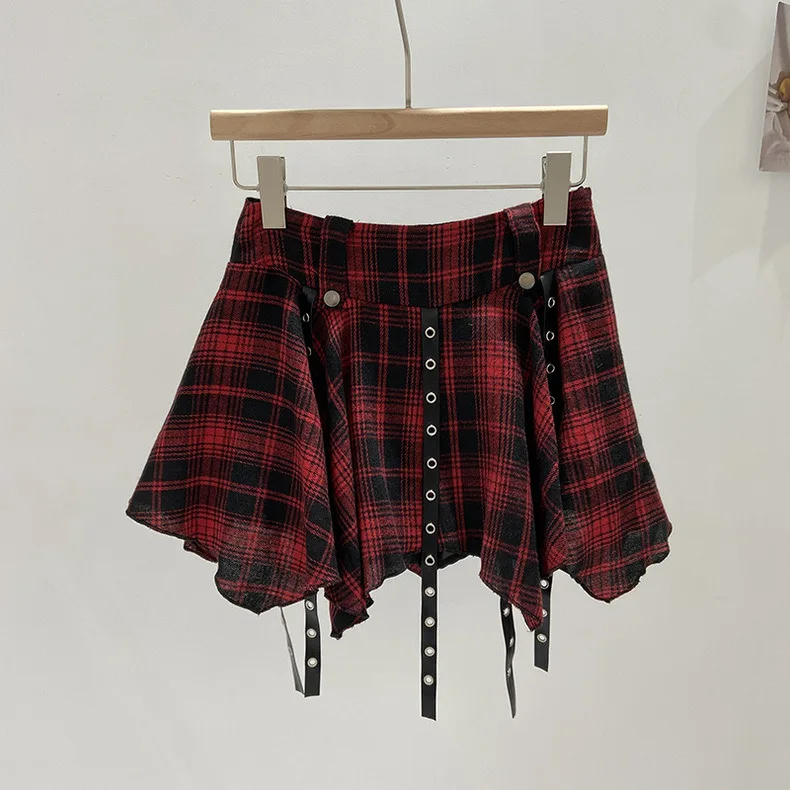 Asymmetrical Plaid Skirt with Straps High Waist Harajuku Mini Skirt Kpop Punk Gothic Red Black Tartan Skort Grunge Y2K Alt Girls - Image 4