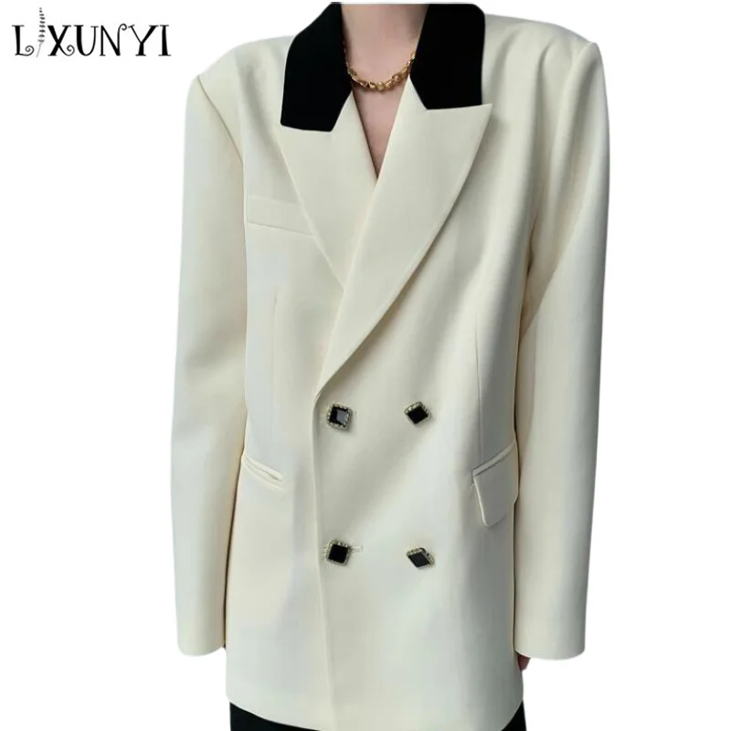 White Blazer Women Lazy Style Coat Autumn Vintage Double Breasted Loose Long Sleeve Design Casual Suit Jacket with Buttons