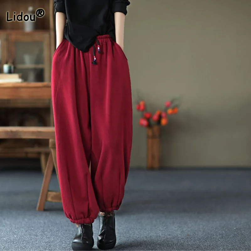 

Thin/Plush and Thicken Autumn Winter Solid Elastic Waist Trousers Bandage Retro Literature and Art Pockets Loose Harem Pants