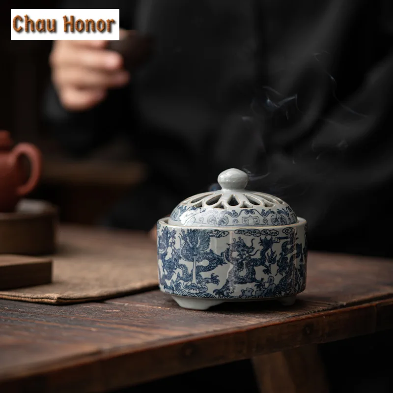 Antique Pottery Clay Path Incense Burner Blue and White Plate Aromatherapy Furnace Zen Dargon Censer Holder Handicraft Ornaments
