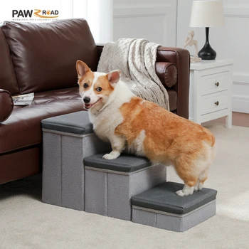 3-Tier Dog Stairs Foldable Pet Stair with Storage Box Adjustable Height Dog Steps for Small Old Dog Cat Non-Slip Pet Ramp Indoor 1