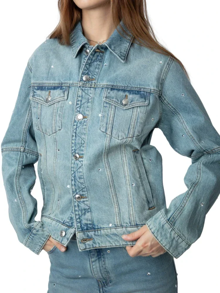 

Women 2023 Autumn New Denim Jacket Rhinestone Decorated Lapel Long Sleeve Jacket