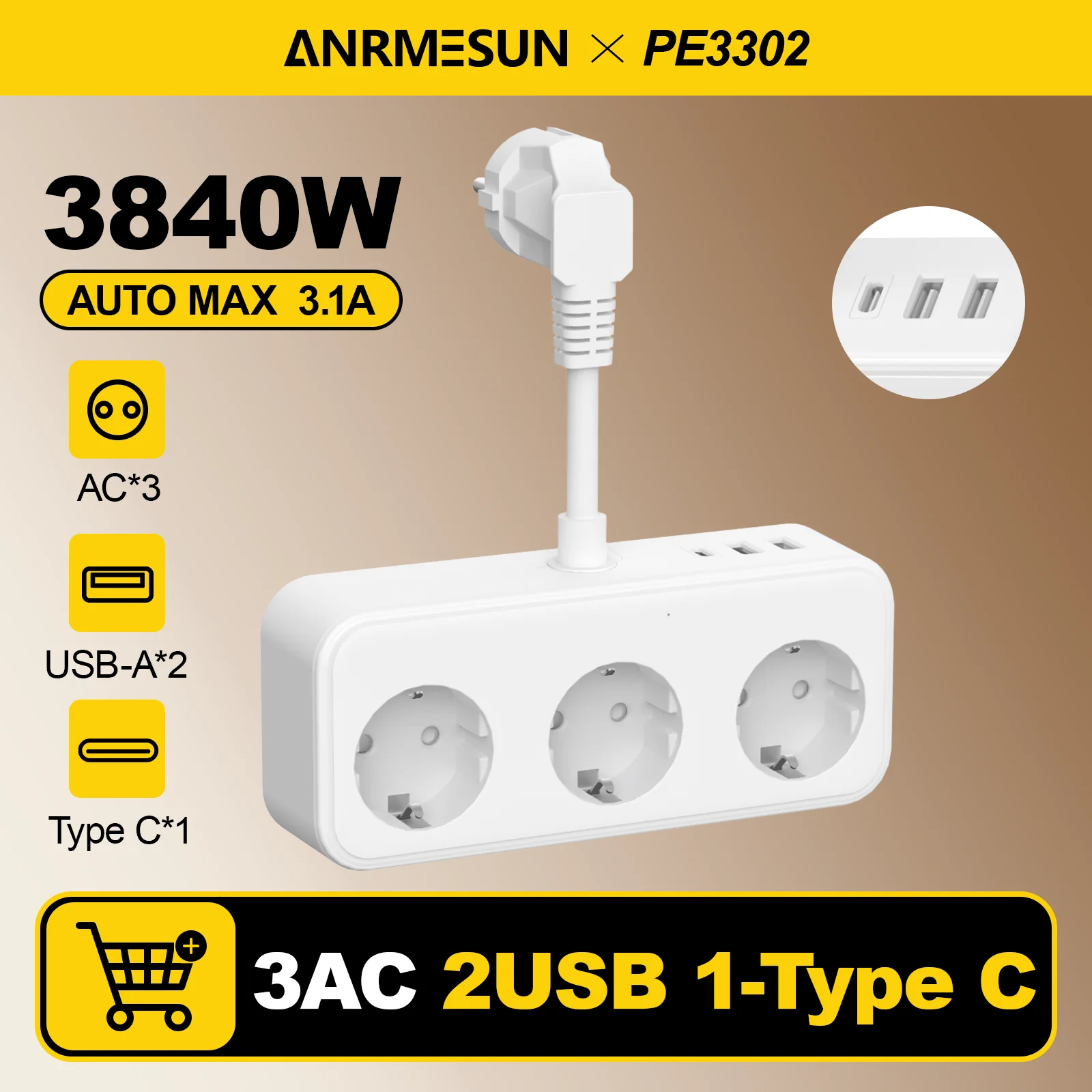 Universal Power Strip with 3 AC Outlets & Multi-Port USB-C Charging – Ideal