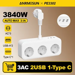 Universal Power Strip with 3 AC Outlets & Multi - Port USB - C Charging - Ideal - EU Plug (2 USB 1Type C Plug)
