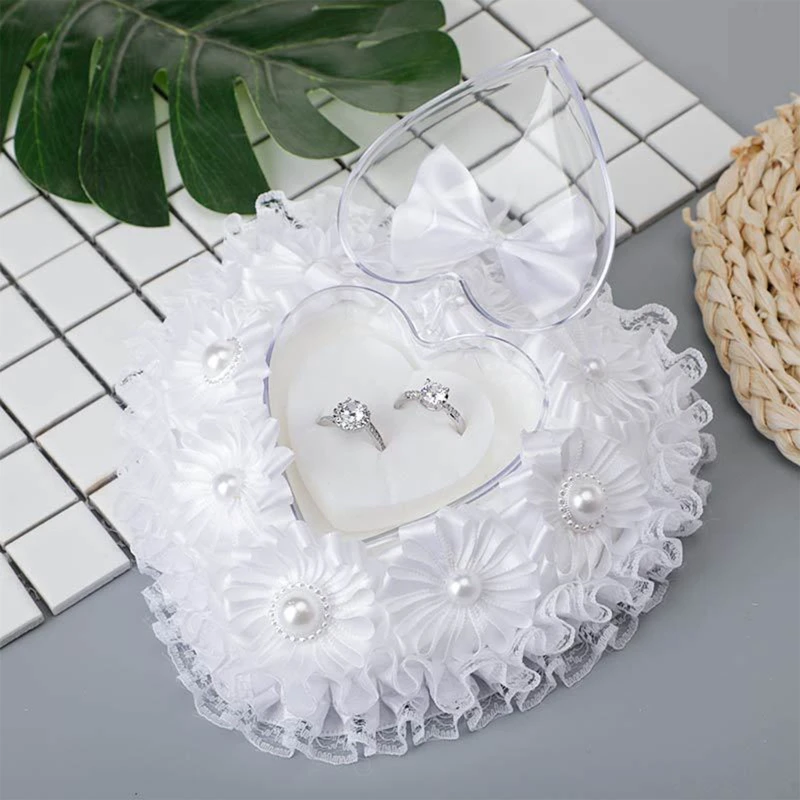 Heart Ring Cushion Holder White Flower Lace Bow Wedding Ring Bearer Pillow Wedding Ring Box for Ceremony Proposal cheap white lace wedding decoration ring pillow coussin alliance bridal ring bearer pillow cushions wedding marriage ceremony