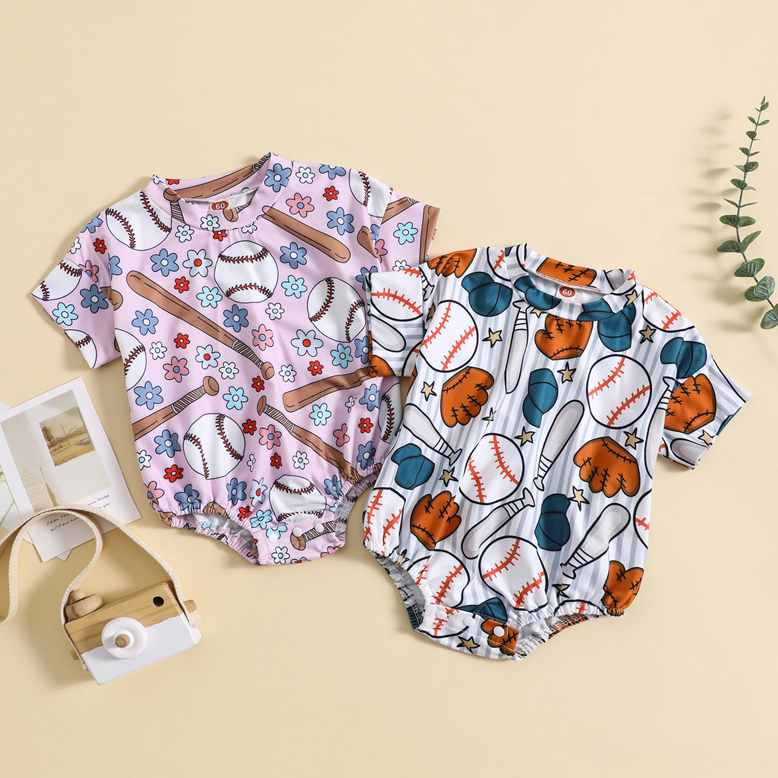 

0-24M Newborn Infant Baby Girls Boys Summer Romper Short Sleeve Baseball Hat Gloves/Baseball Floral Print Playsuit Jumpsuit