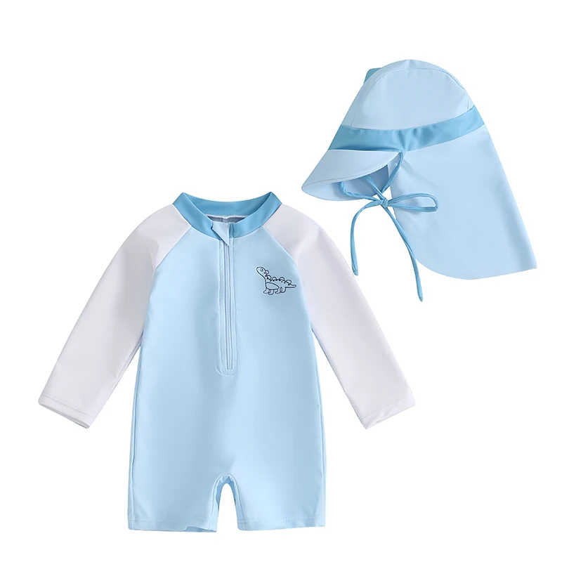 0-3Years Baby Boys Swimwears Contrast Color Dinosaur Print Long Sleeve Mock Neck Zip Bathing Suit with Hat Toddlers Rash Guard