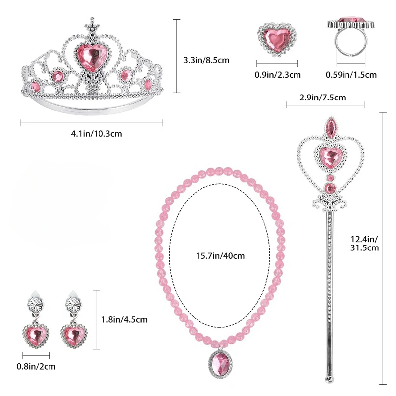 1 set di accessori per feste da principessa per costume da principessa, guanti, tiara, bacchetta, collana, orecchini, bracciale, anello, regalo di compleanno  15