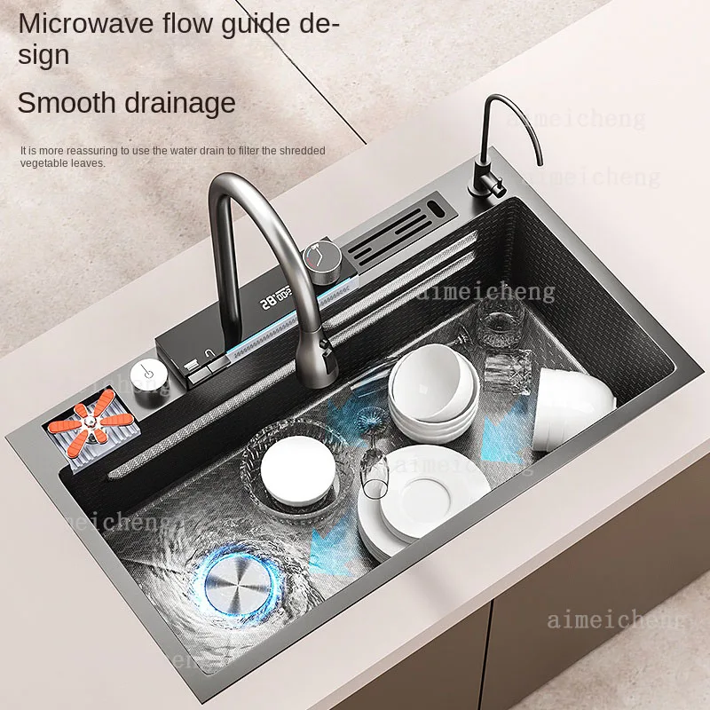 Digital Display 304 Stainless Steel Honeycomb Fly Rain Waterfall Single Sink Multifunctional Household Hand Embossed Washbasin 3