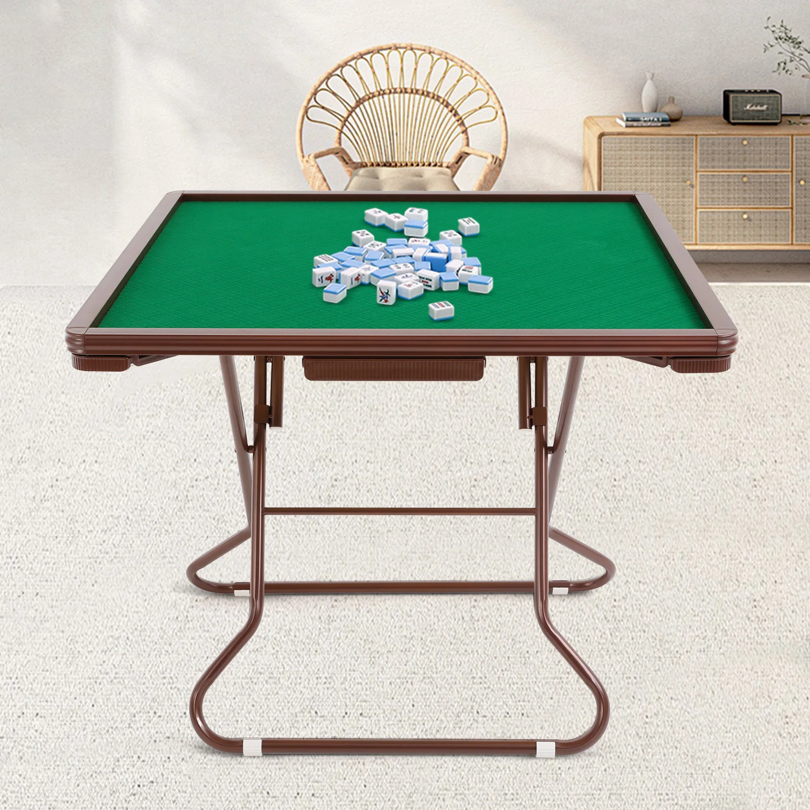 Mahjong Table with 4 Cup Holders&4 Drawers for 4 People, Foldable Portable Square Mahjong Table for Various Sorts of Table Games