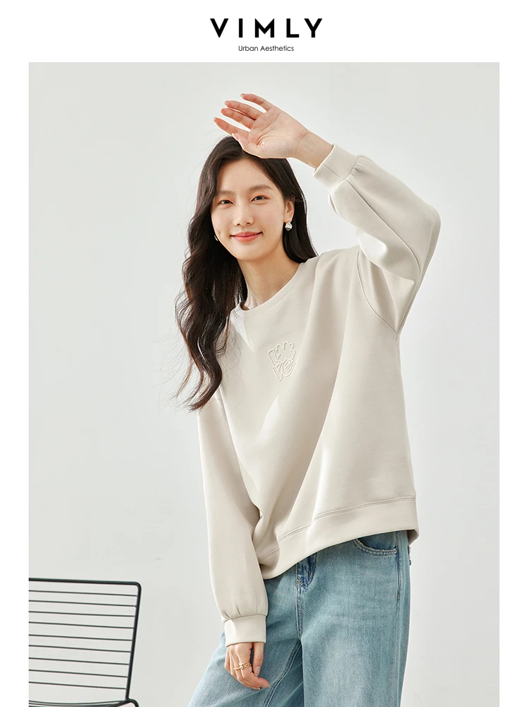 Vimly Women Lazy Style Drop Sleeve Sweatshirts 2024 Spring Letter Embroidery Pullover Loose Casual Fashion Long Sleeve Top 30060