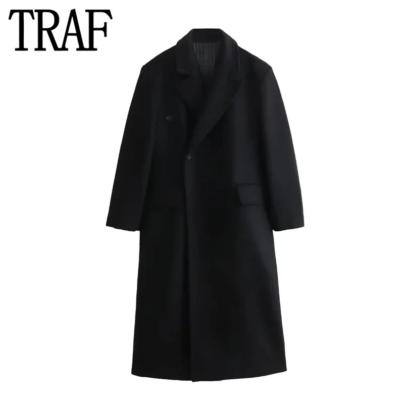 

TRAF 2024 Black Long Coat Women Oversize Winter Coat Woman Long Sleeve Elegant Women's Overcoat Autumn Winter New In Outerwears