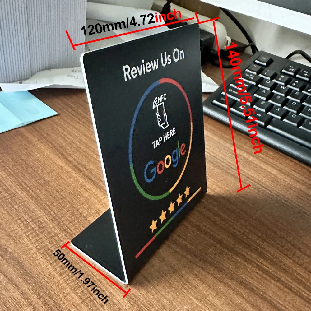Programmable Acrylic NFC Stickers Table Stand - 13.56MHz Waterproof Google Review Card