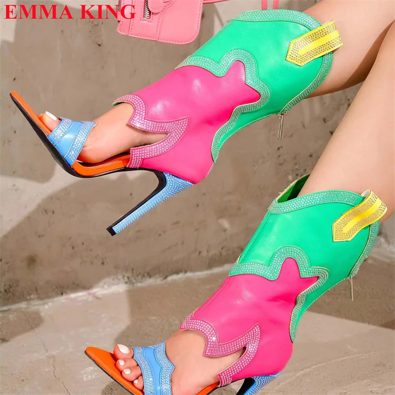 

Женские ботильоны со стразами смешанных цветов, роскошные короткие ботинки на высоком каблуке с кристаллами, летние босоножки в стиле пэчворк с открытым носком