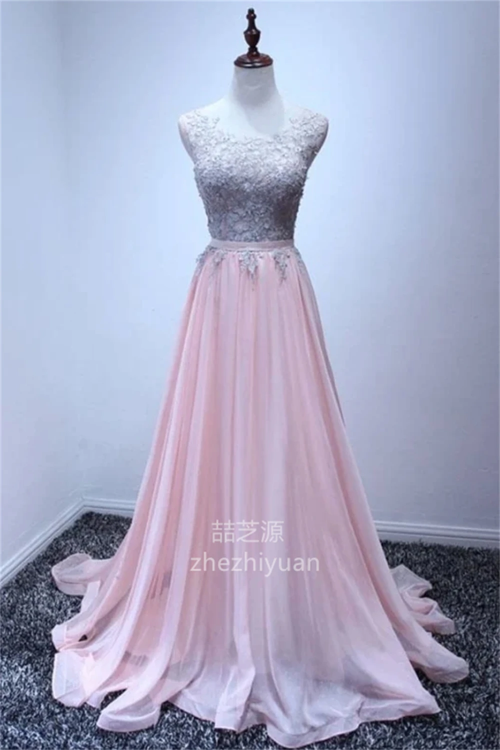 

A-line Pink Chiffon Silver Lace Appliques Pearls Beading Sweep Train Full-Length Custom Long Luxury Evening Dresses