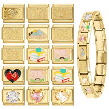 FUNIQUE Retro Charm Bracelet Airplane Rose Checkerboard Italian Charm Links Fit 9mm Stainless Steel Bracelet Jewelry DIY Making 1