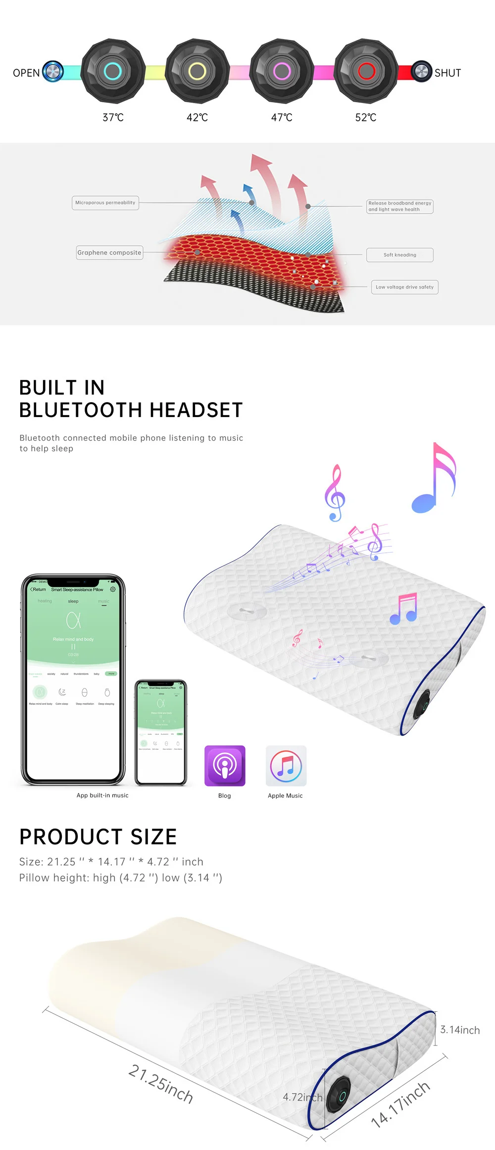 Smart Memory Foam Bed Pillow with Carbon Fibre Heating & Speakers