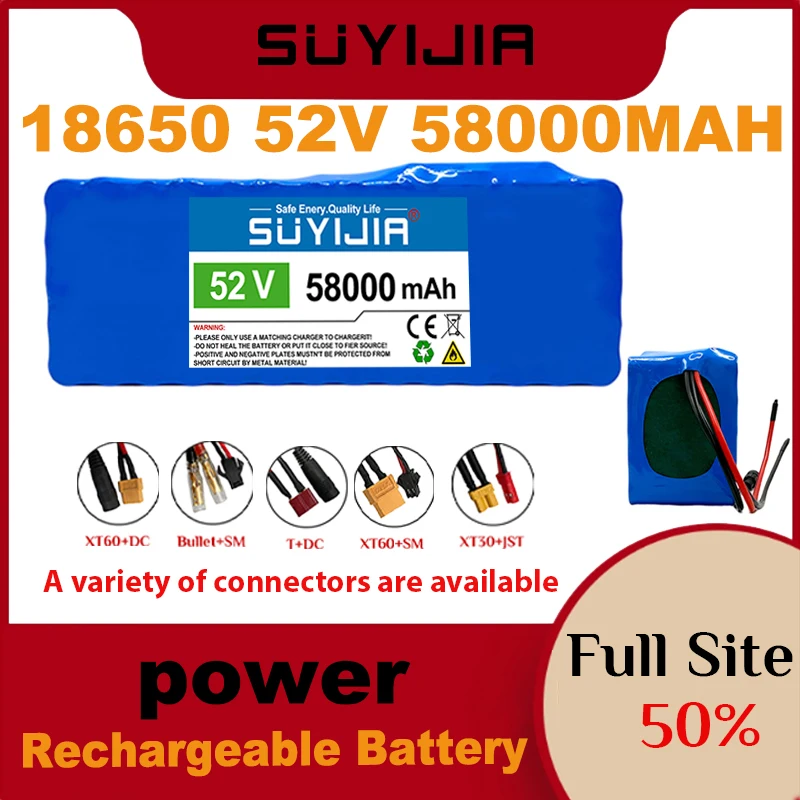 

18650 52V 58000mah Lithium Batteries Pack 14S5P Built-in Smart BMS for E-Bike Unicycle Scooter Wheel Chair with 58.8V 2A Charger