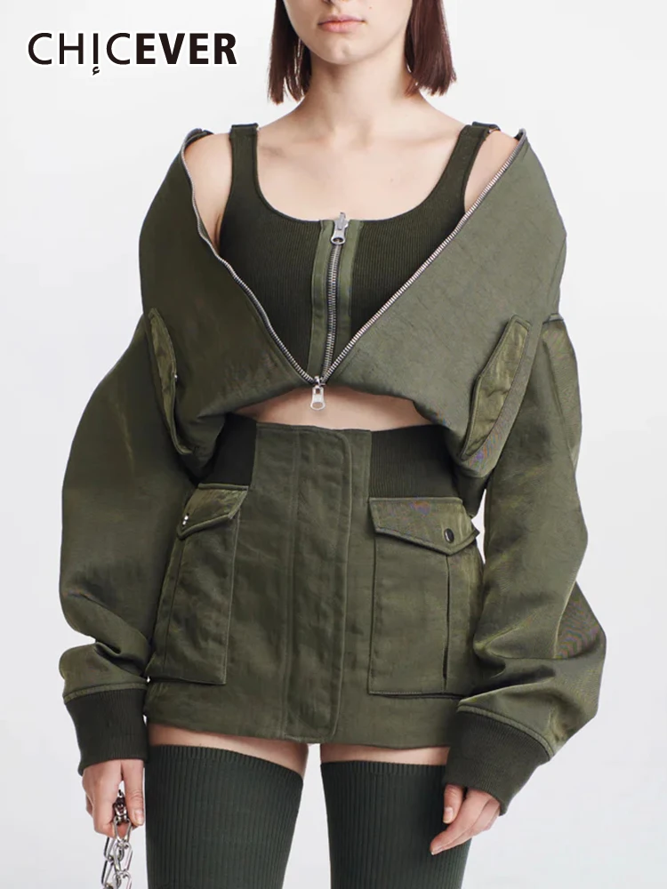 

CHICEVER Streetwear Fashion Coats For Women Round Neck Long Sleeve Patchwork Zipper Autumn Solid Casual Chic Jackets Female New