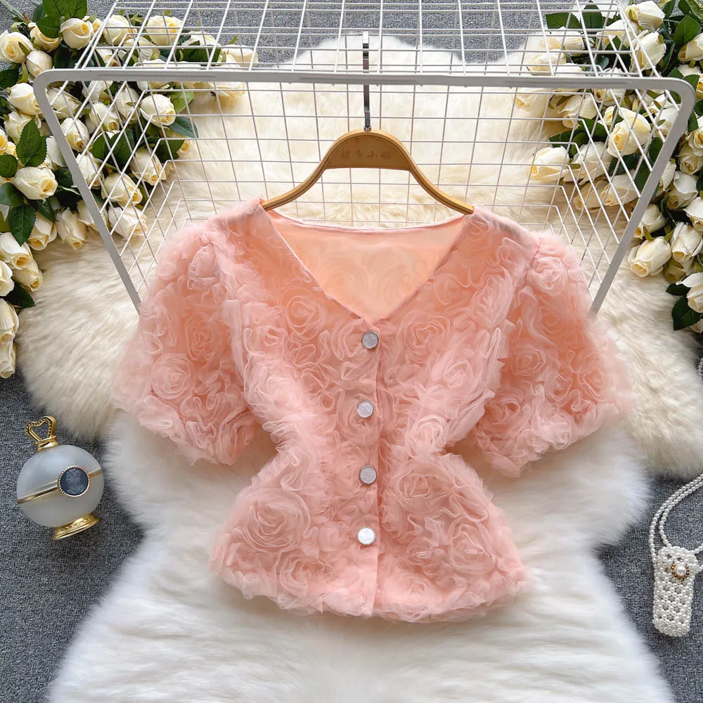 

French Sweet Gauze Flower Shirt Women New Fashion Summer V-neck Single Breasted Short Tops Blouse Mujer G982