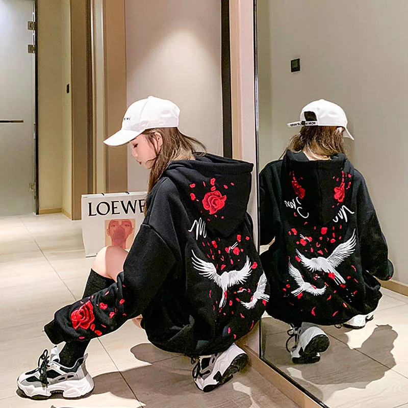 Female Loose Sweatshirts Streetwear Winter Casual Tops Hooded Pullover Women Autumn Long Sleeve Rose Bird Print Harajuku Hoodies