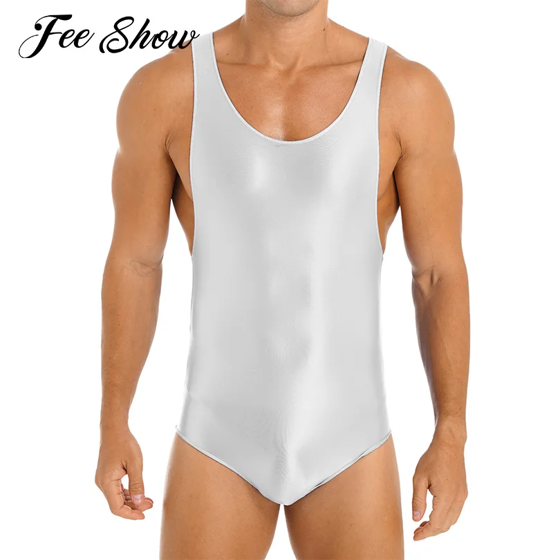 Men Glossy Swimming Bodysuit Swimwear Sleeveless Stretchy Leotard Wrestling Singlet Skinny Yoga Bodybuilding Jumpsuit Sportswear