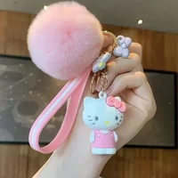 Hello Kitty Sanrio Kuromi Penguin Frog Dog Cat Cute Keychains with Fluffy Rabbit Fur Ball Women Girl Bag Pendant Keyring Gifts 1