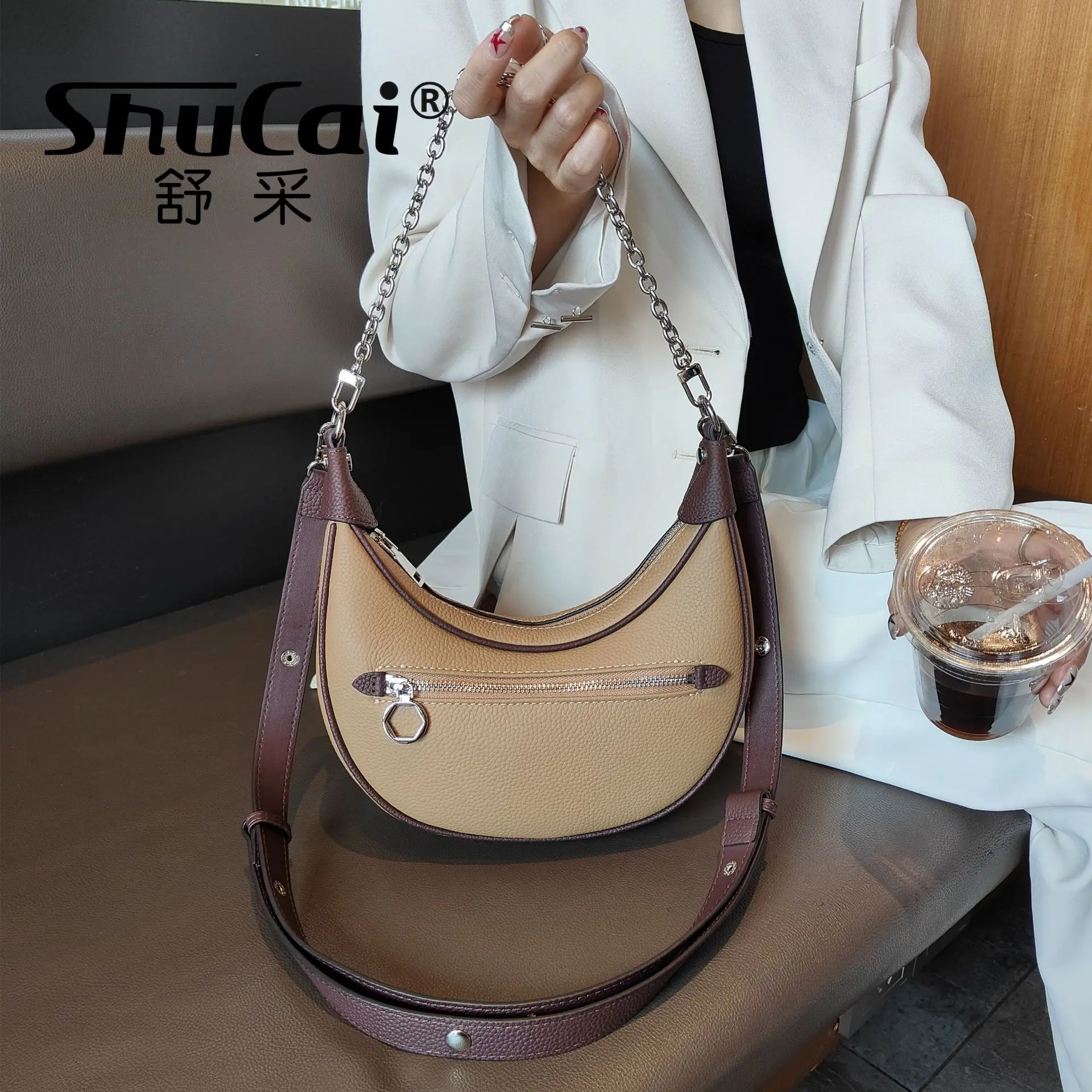 

Premium sense of leather underarm bag 2024 new chain shoulder crossbody cow horn pea crescent moon bag fashion women's bags